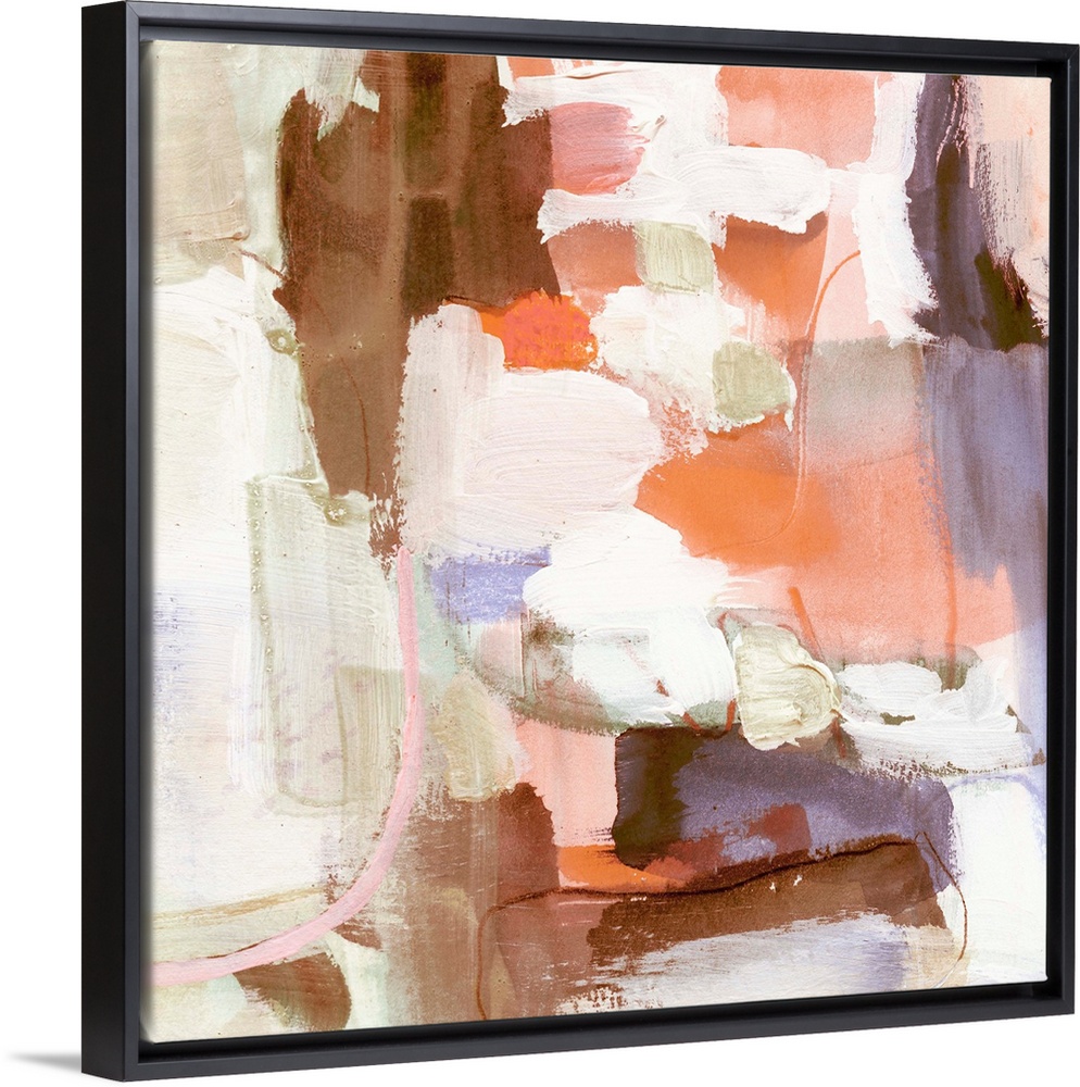 Square abstract painting in shades of brown, orange, pink, purple and cream.