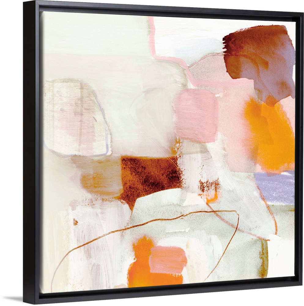 Square abstract painting in shades of brown, orange, pink, purple and cream.