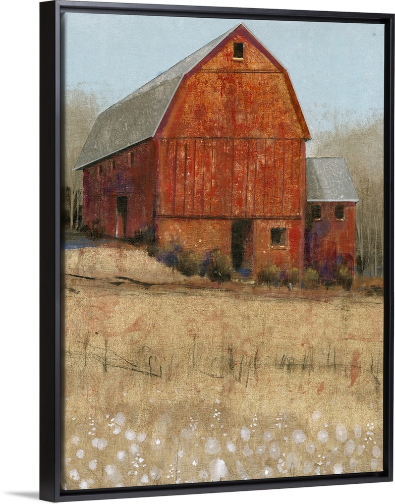 Countryside artwork of rustic red barn on a straw colored field.