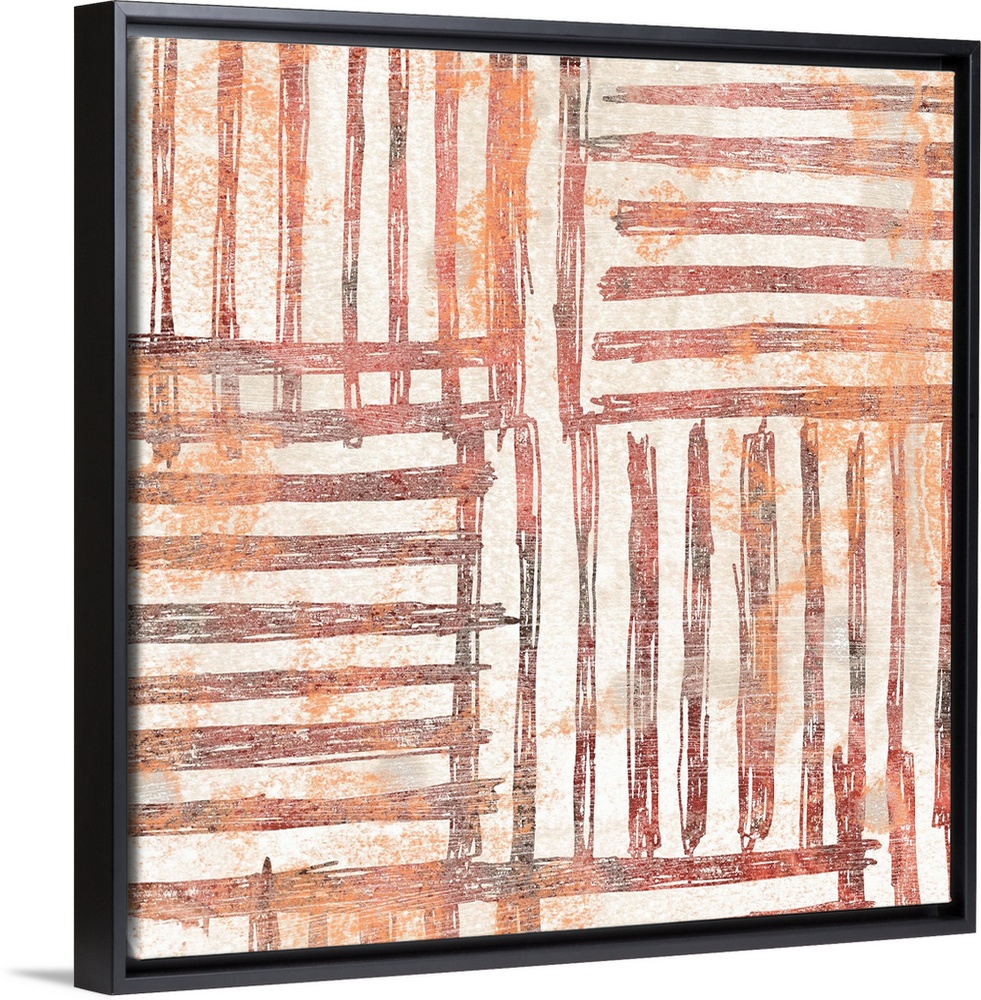 Contemporary patterned painting in earth tones and orange-red hues.