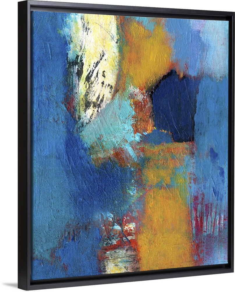 Abstract contemporary artwork in deep blue with contrasting amber and red.