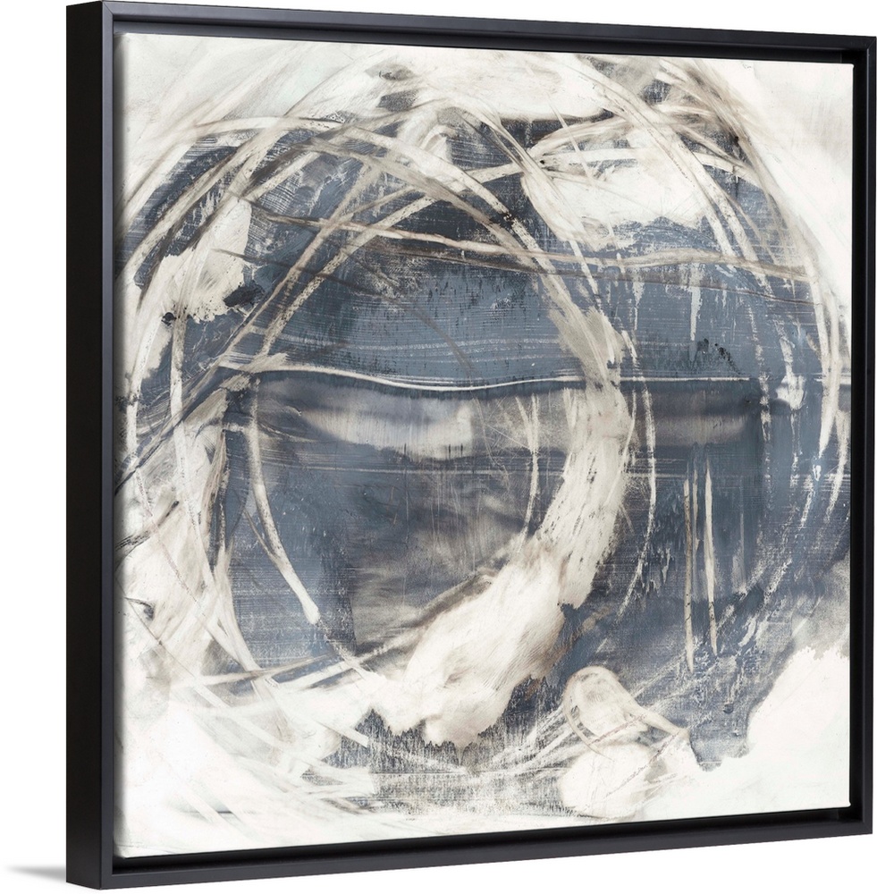 An organic, rounded abstract painting that resembles the earth surrounded by swirling clouds.