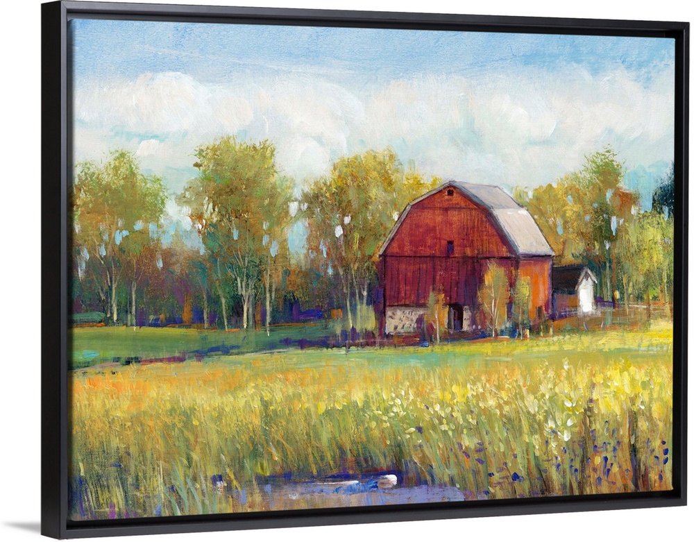 Colorful rural landscape featuring a red barn surrounded by lush, green vegetation.