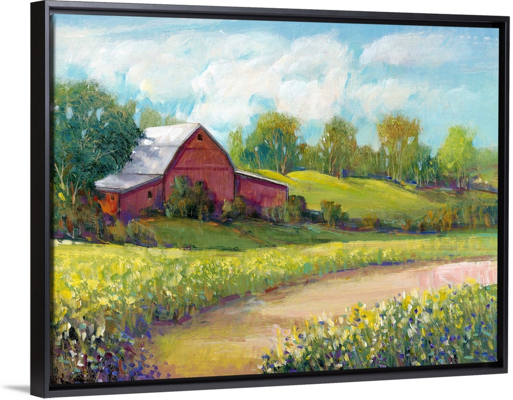 Colorful rural landscape featuring a red barn surrounded by lush, green vegetation.