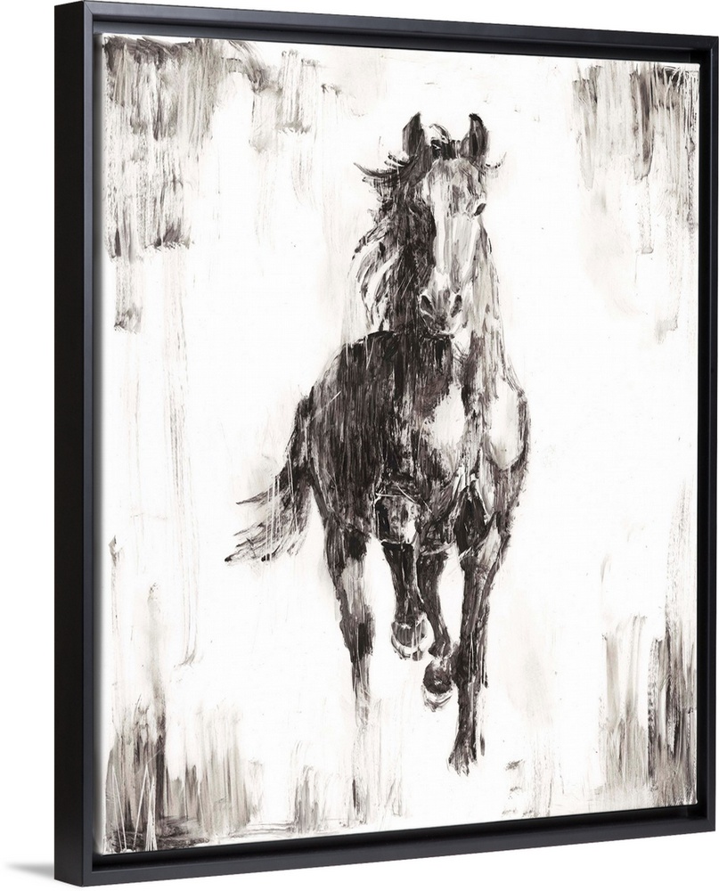 Vertical painting of a running horse done if varies shades of gray and white with a rough brush stroke feel.