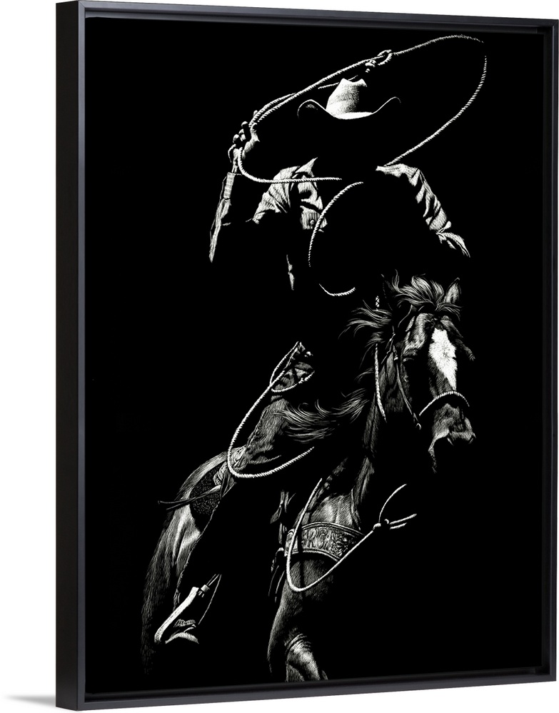 Black and white lifelike illustration of a cowboy riding a horse with a lasso.