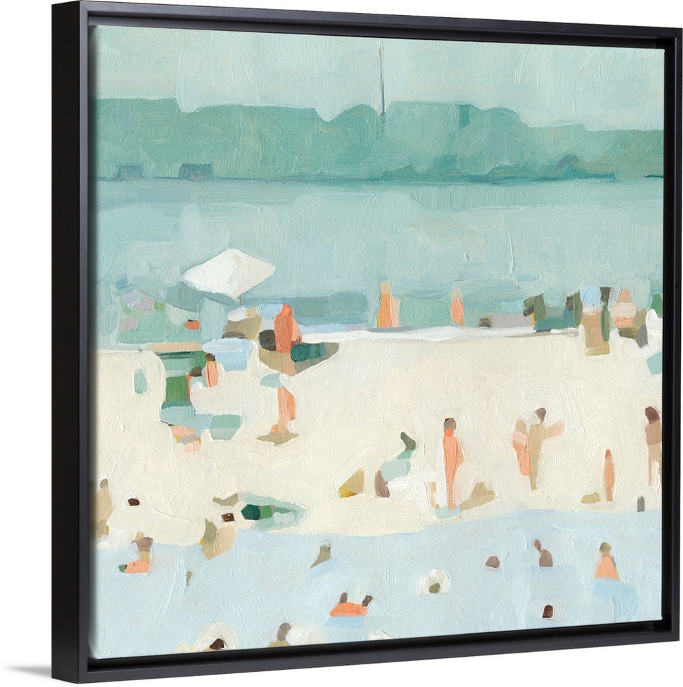 A contemporary impressionist beach scene where simple blocks of color perfectly represent the figures of people in and out...