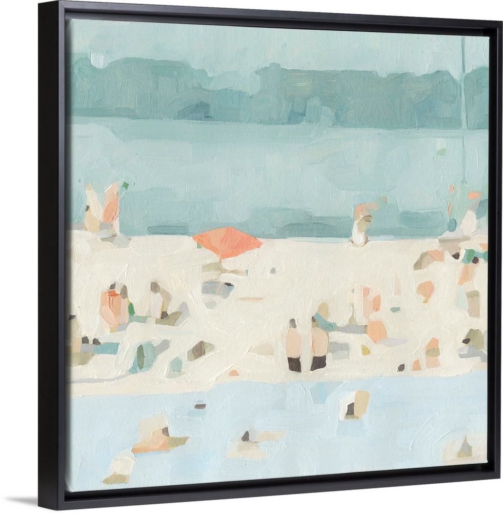 A chunky, abstracted painting of beach goers on a sandbar, painted in a pleasing palette of blueish-green hues.