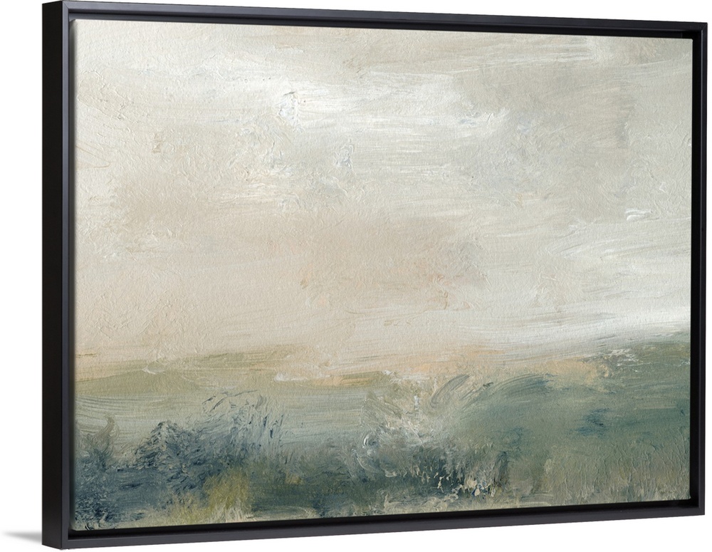 A muted abstract landscape in tones of green and gray.