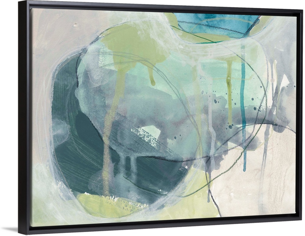 Contemporary abstract painting of ovular, stone-like shapes in blue and green hues reminiscent of the sea.