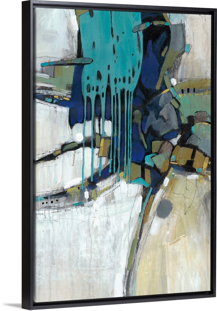 This abstract artwork features blocks of bright color, paint drips and organic lines.