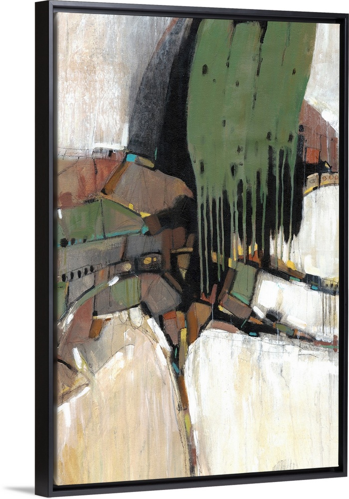 This abstract artwork features blocks of bright color, paint drips and organic lines.