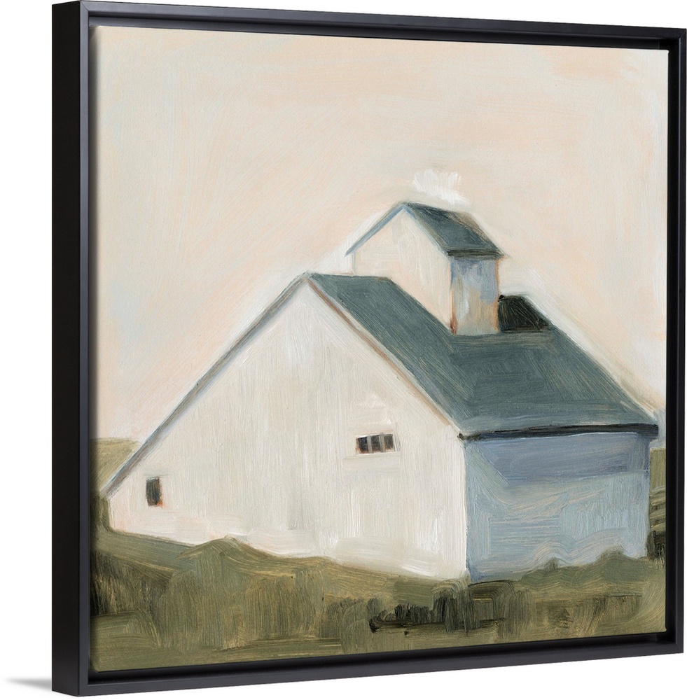 This simple and homely image of a white saltbox barn with slate blue roof is painted in a simple, impressionist style. It ...