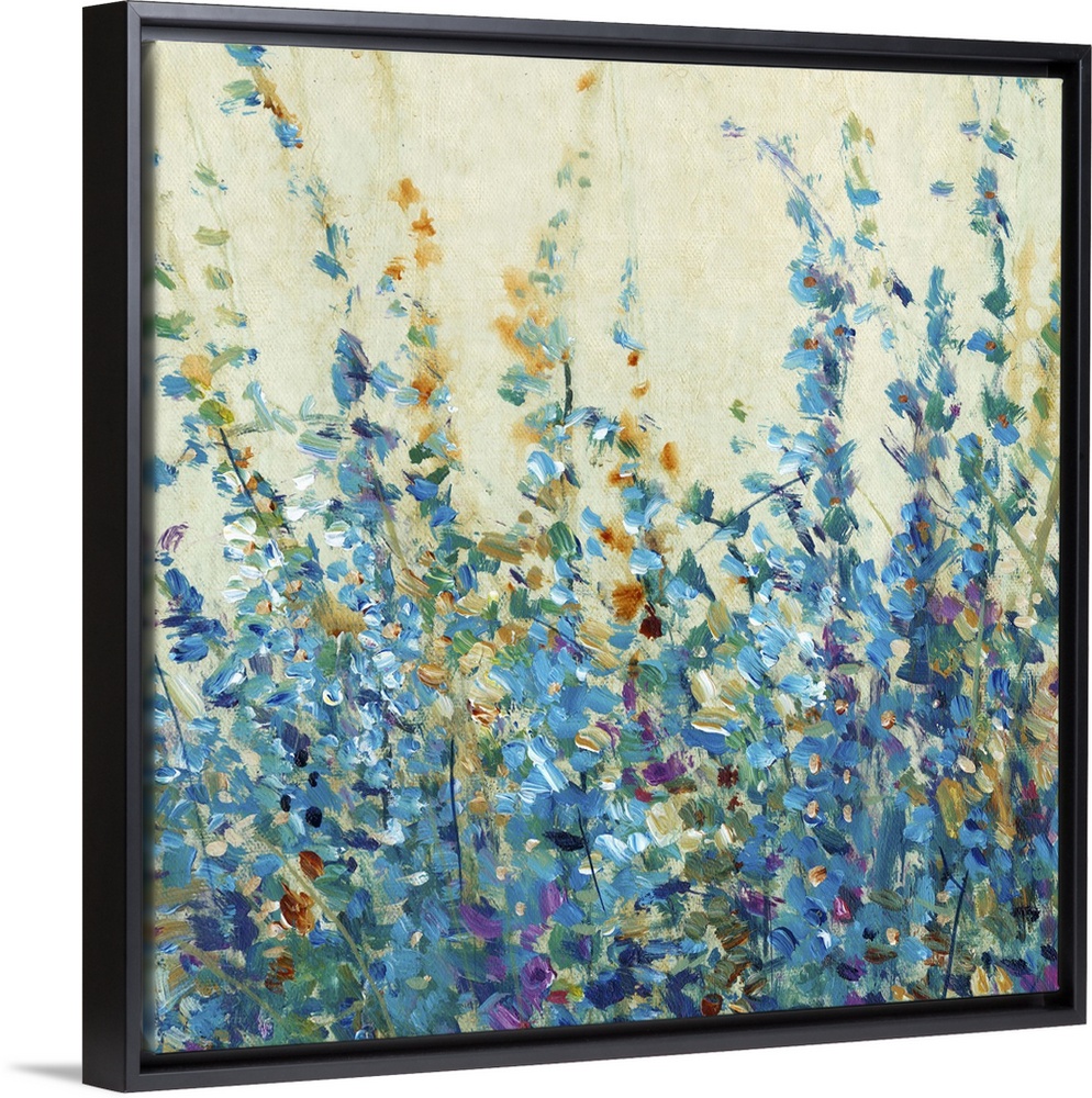 Blue toned contemporary painting of flowers.