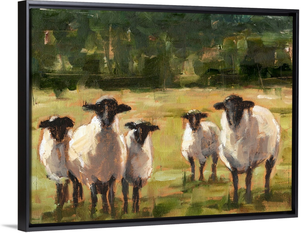 Contemporary painting of sheep in a field.