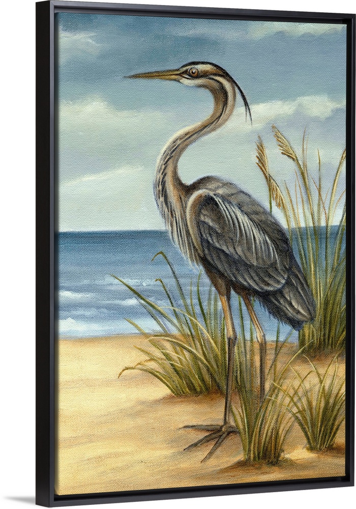 Image of a tall heron standing among clumps of sea grass. This traditional painting is reminiscent of the work of John Jam...