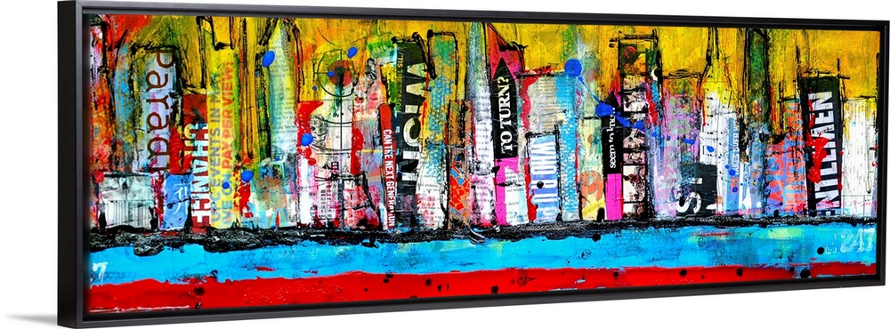 A mixed media collage of paint and printed materials to make a city skyline along a water front in this panoramic.