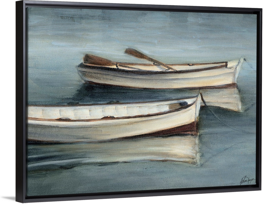 This serene scene of two rowboats with moored in still water is painted in a transitional style. The cool neutral colors w...