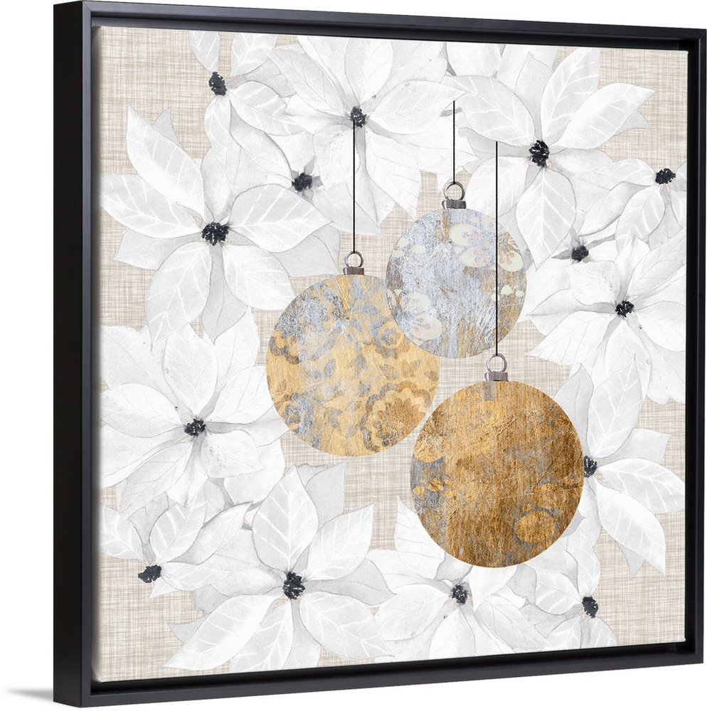 Contemporary Christmas decor of three round ornaments in gold tones.