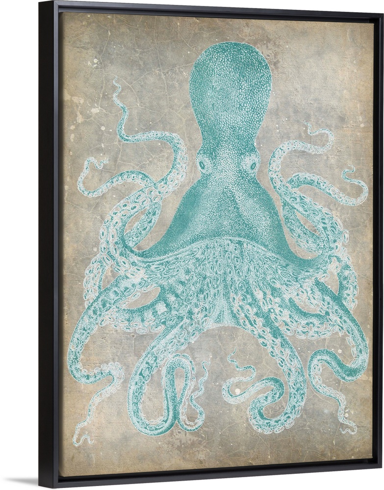 Vintage stylized octopus in a pale blue against a neutral background.