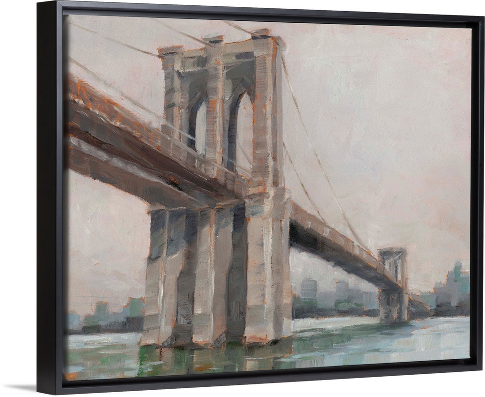 A picturesque painting of Brooklyn Bridge in New York, in subdue colors with the city in the background.