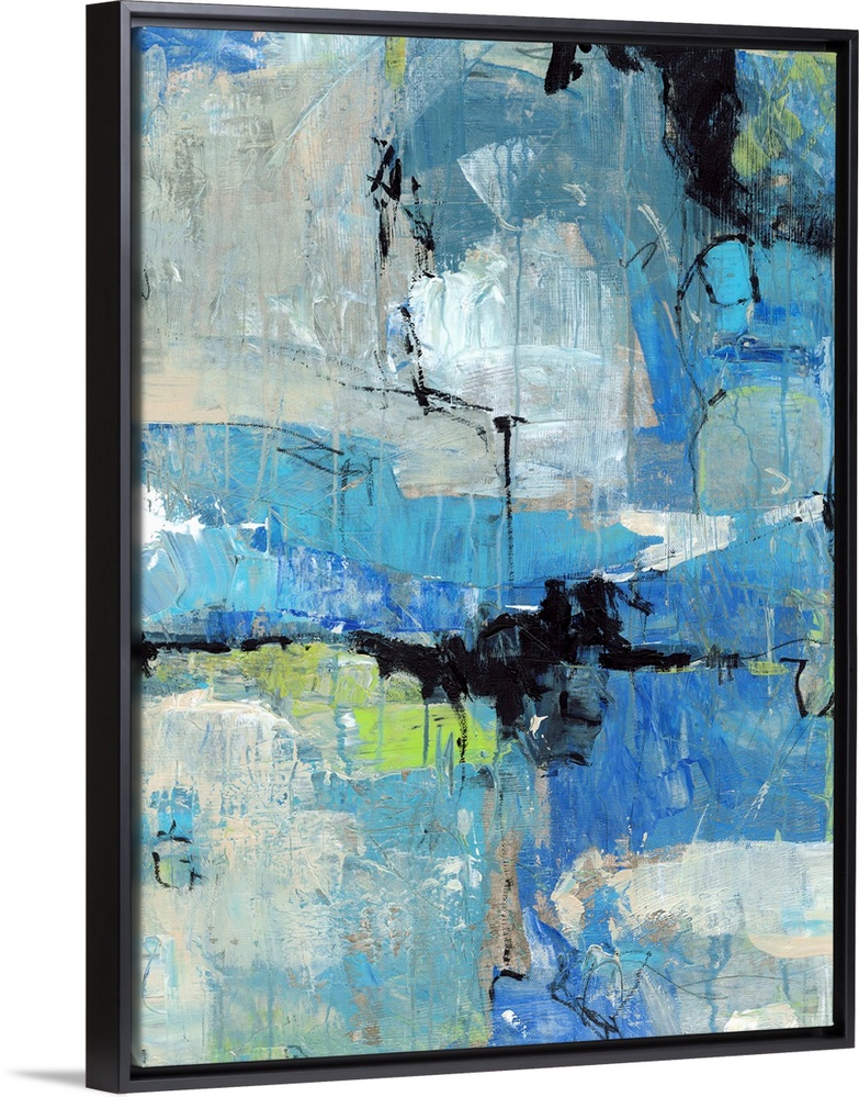 Big abstract painting on canvas of various cool tones and shapes with painted lines dripped on top.