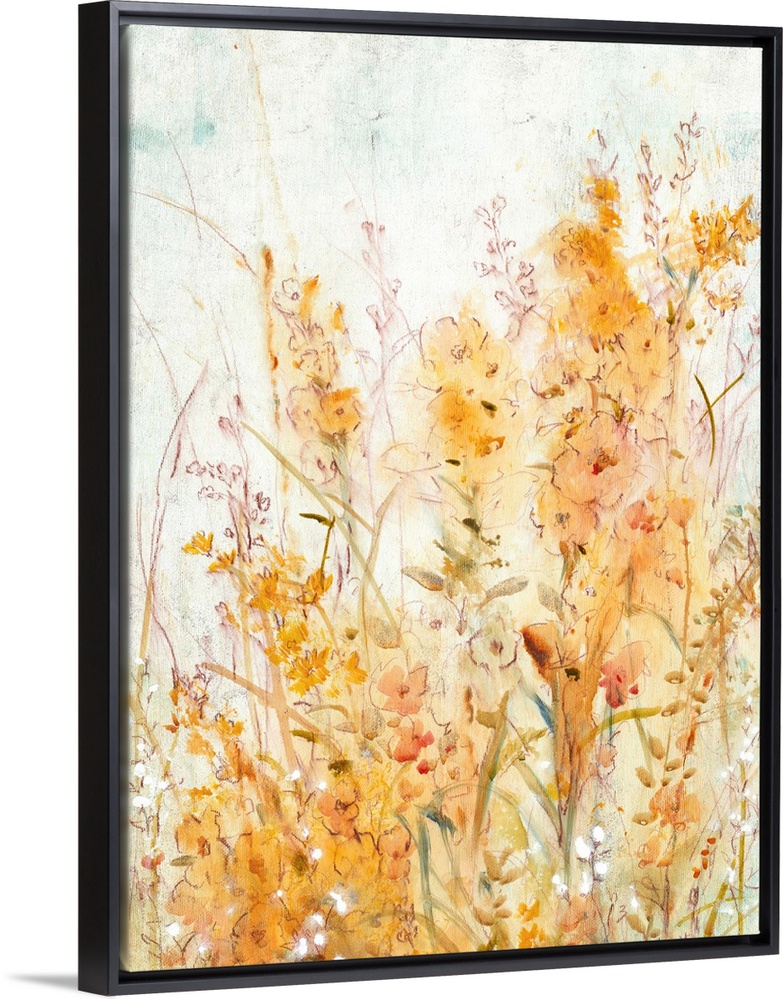 Contemporary painting of pale orange and yellow flowers.