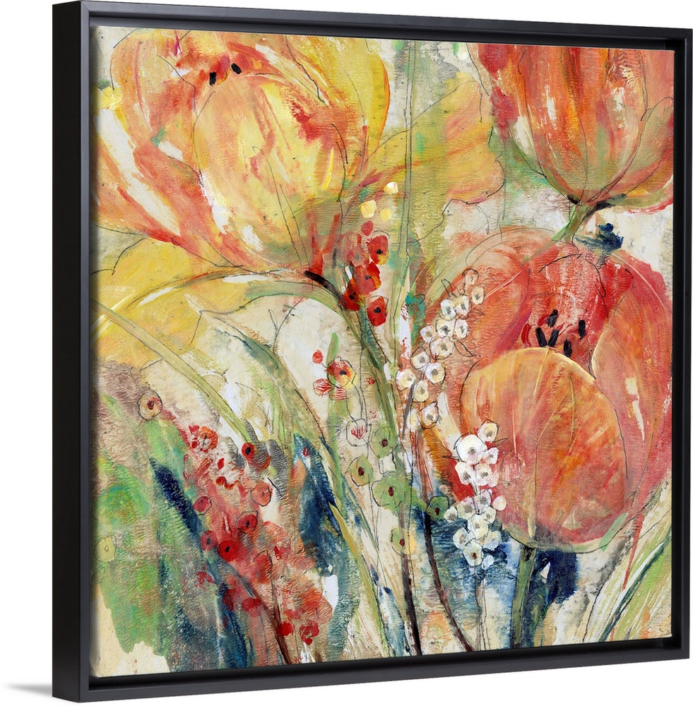 Contemporary abstract painting of orange and yellow tulips blooming in spring.
