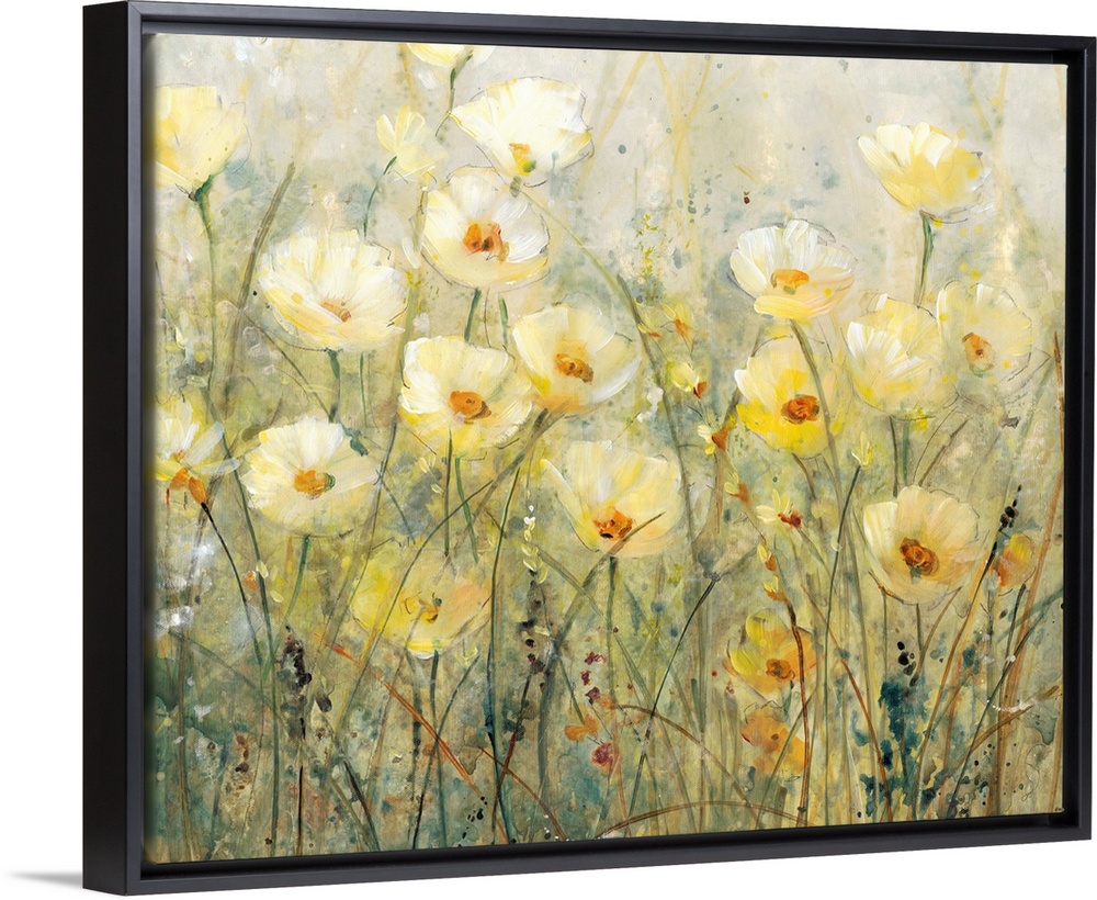 Contemporary painting of several yellow flowers growing in a field.