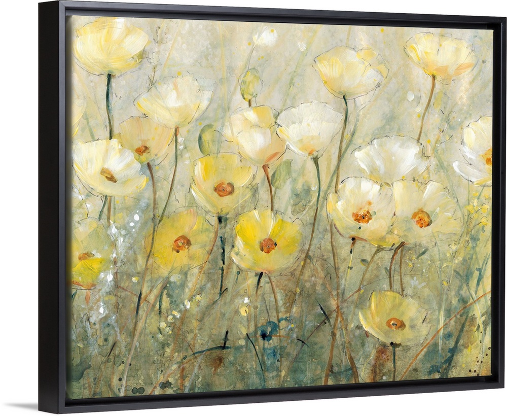 Contemporary painting of several yellow flowers growing in a field.