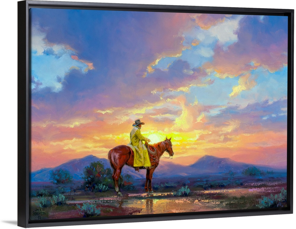 Painting of man in trench coat on horse in desert at sunset.  There are mountains in the distance.