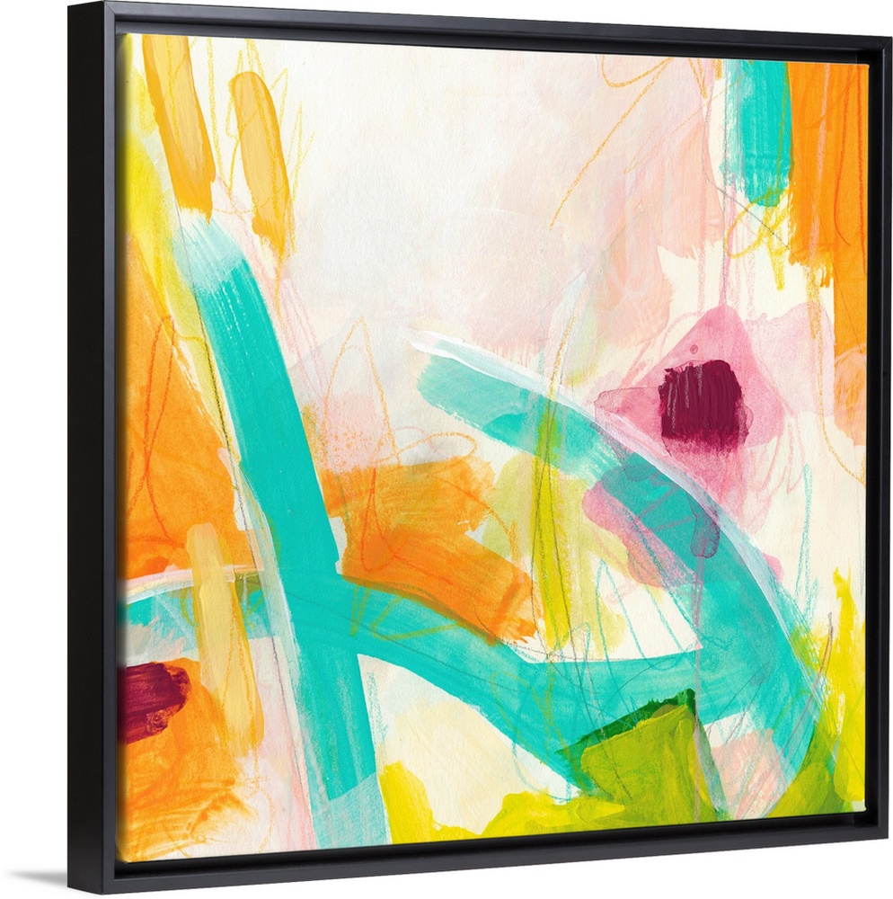 Abstract painting using vibrant colors such as orange and teal to create wild shapes using broad strokes.