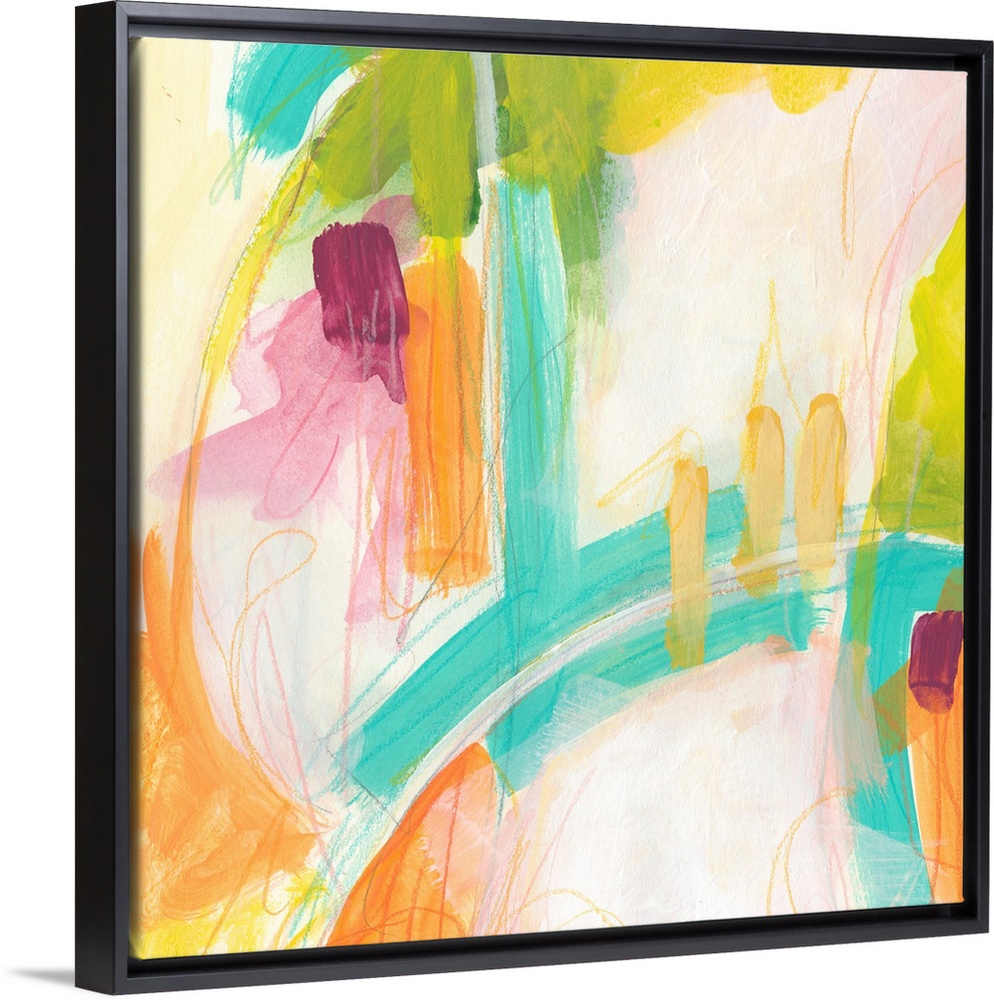 Abstract painting using vibrant colors such as orange and teal to create wild shapes using broad strokes.