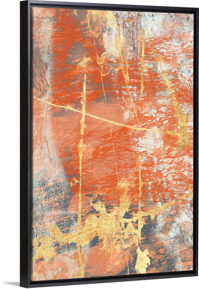 Contemporary abstract painting in bold, rusty orange and gold with a weathered effect.