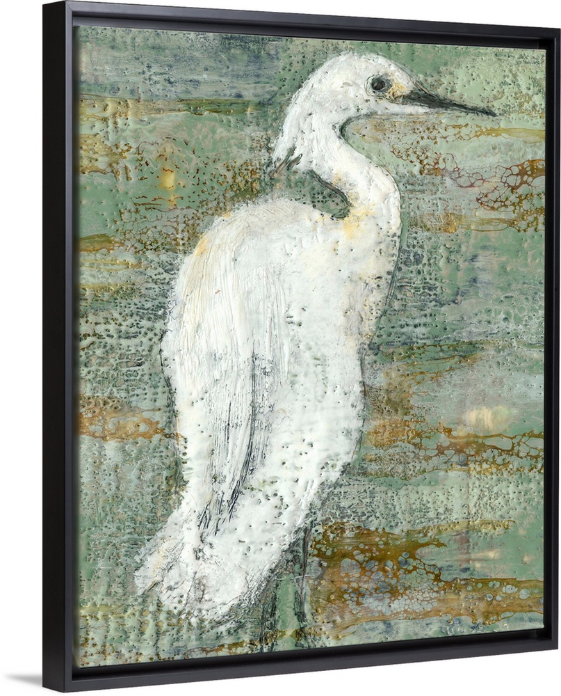 Contemporary artwork of a white heron against a weathered dark background.