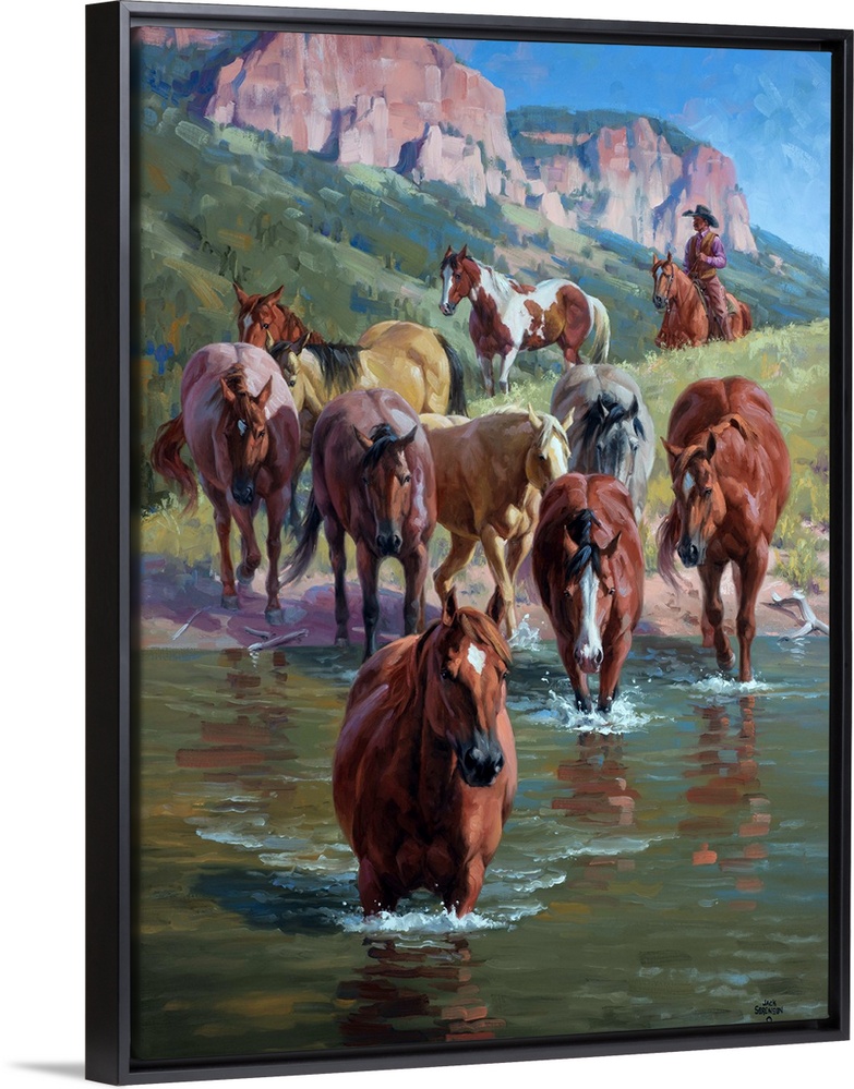 Contemporary Western artwork of a herd of wild horses forging a river, being herded by a cowboy.