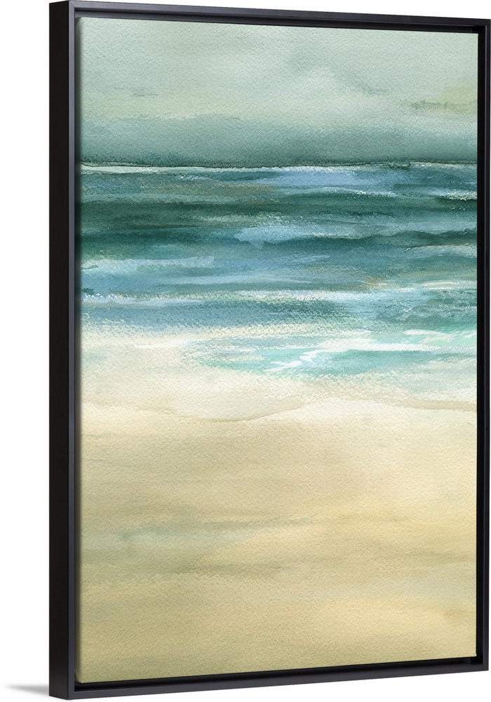Beautiful artwork of a seascape that uses duller colors to paint the ocean and sand.