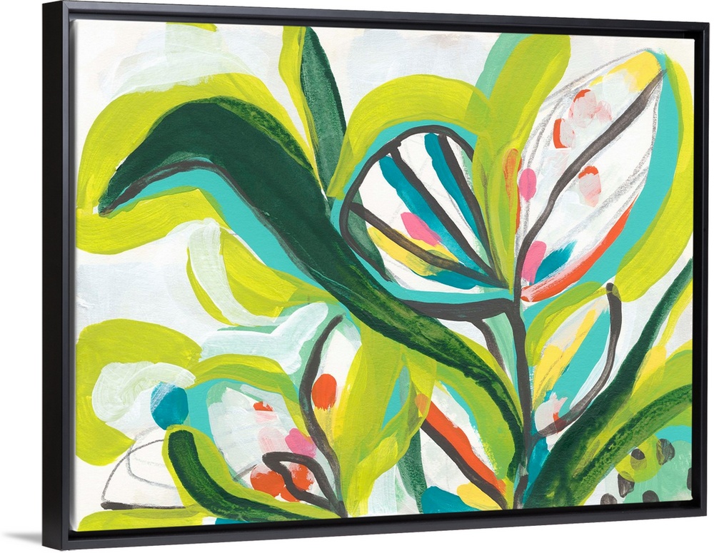 Contemporary abstract painting with tropical floral shapes in vibrant green hues.