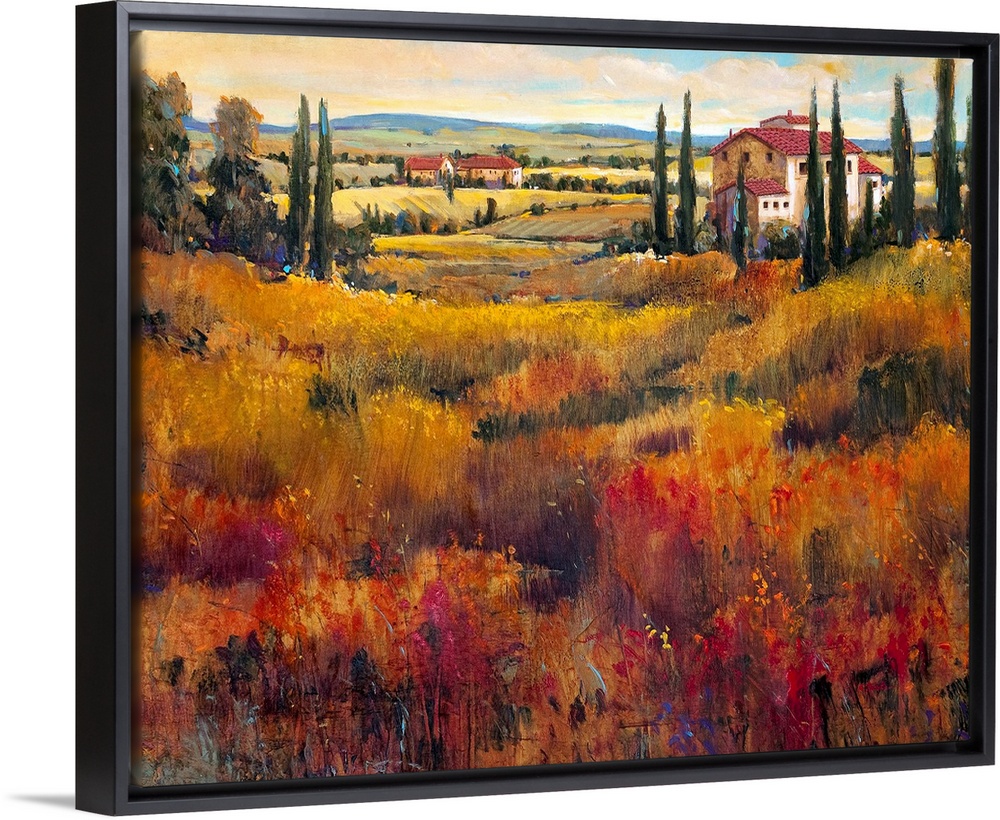 Giant contemporary art portrays the gentle rolling hills of a landscape within a region of Italy filled with scattered tre...