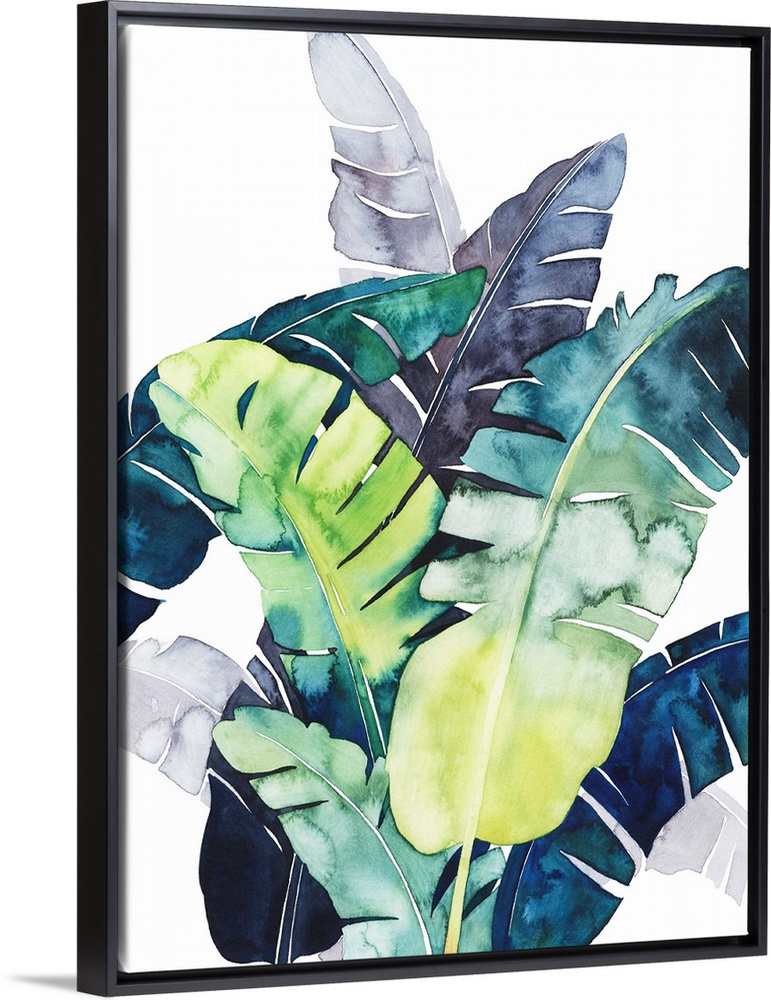 Watercolor tropical leaves in purple, blue and green flutter in the wind over a white background in this contemporary artw...