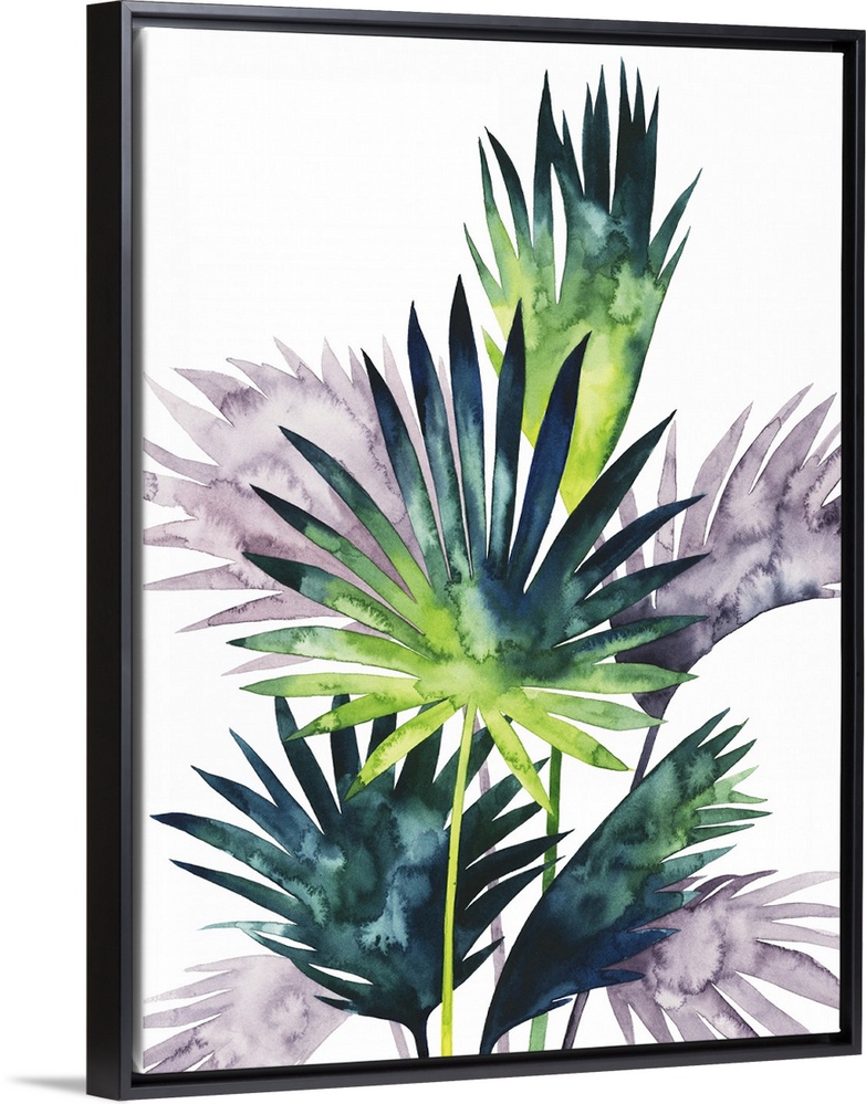 Watercolor tropical leaves in purple, blue and green flutter in the wind over a white background in this contemporary artw...