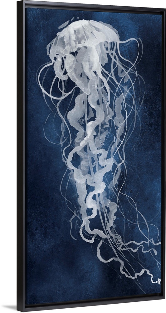 Large panel watercolor painting of a white jellyfish on an indigo background.