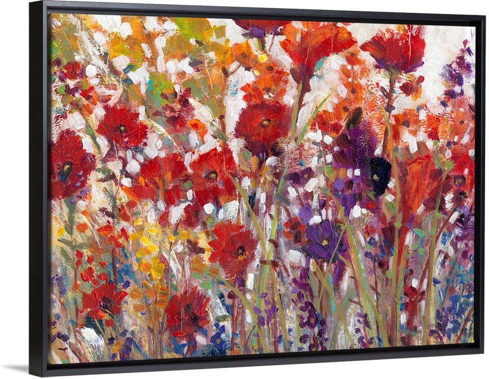 This decorative artwork features sprouting bright wildflowers made from whimsical brush strokes with a crackling texture t...