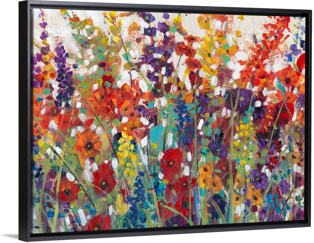 This decorative artwork features sprouting bright wildflowers made from whimsical brush strokes with a crackling texture t...