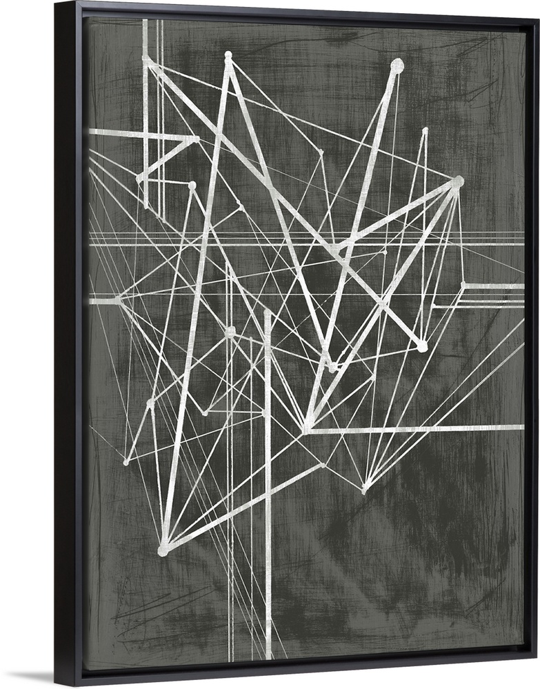 Abstract painting made of several jagged lines on a dark background.