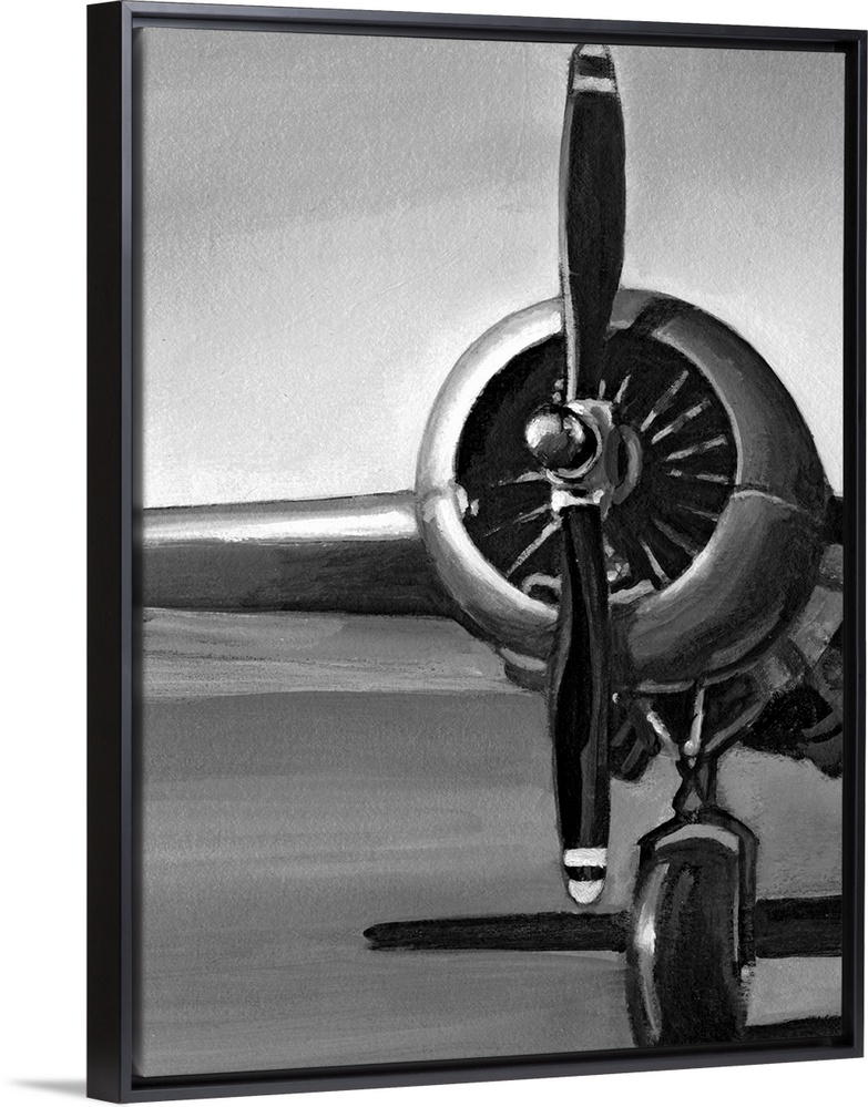 Vertical, oversized artwork of a wing, propeller and wheel on a vintage airplane, casting a shadow on the ground.