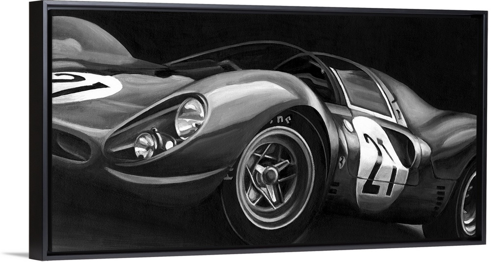 Landscape, large vintage art in black and white of the side view of a rounded race car with the number twenty one.