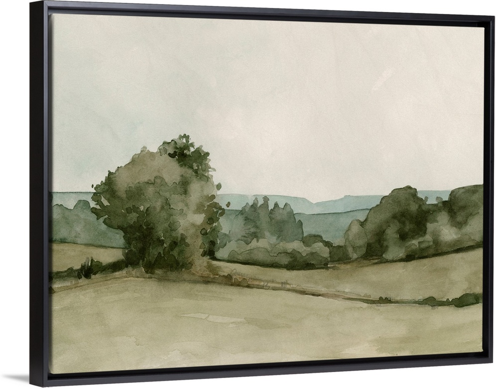 A transitional pastoral scene of trees and hedges under a cloudy sky, in an abstract watercolor style