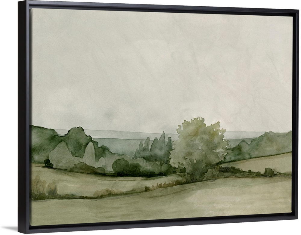 A transitional pastoral scene of trees and hedges under a cloudy sky, in an abstract watercolor style