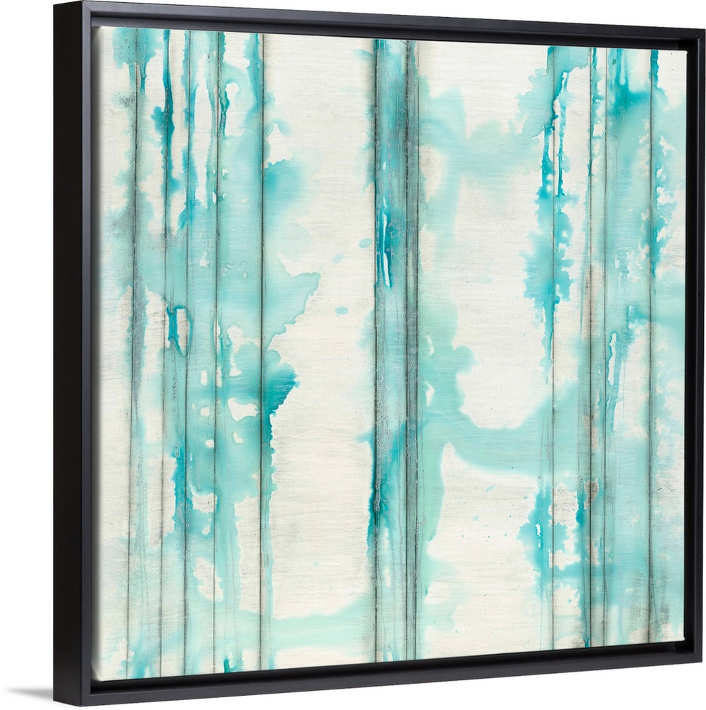 Square abstractly painted canvas of vertical lines with splattered watercolor paint on top.
